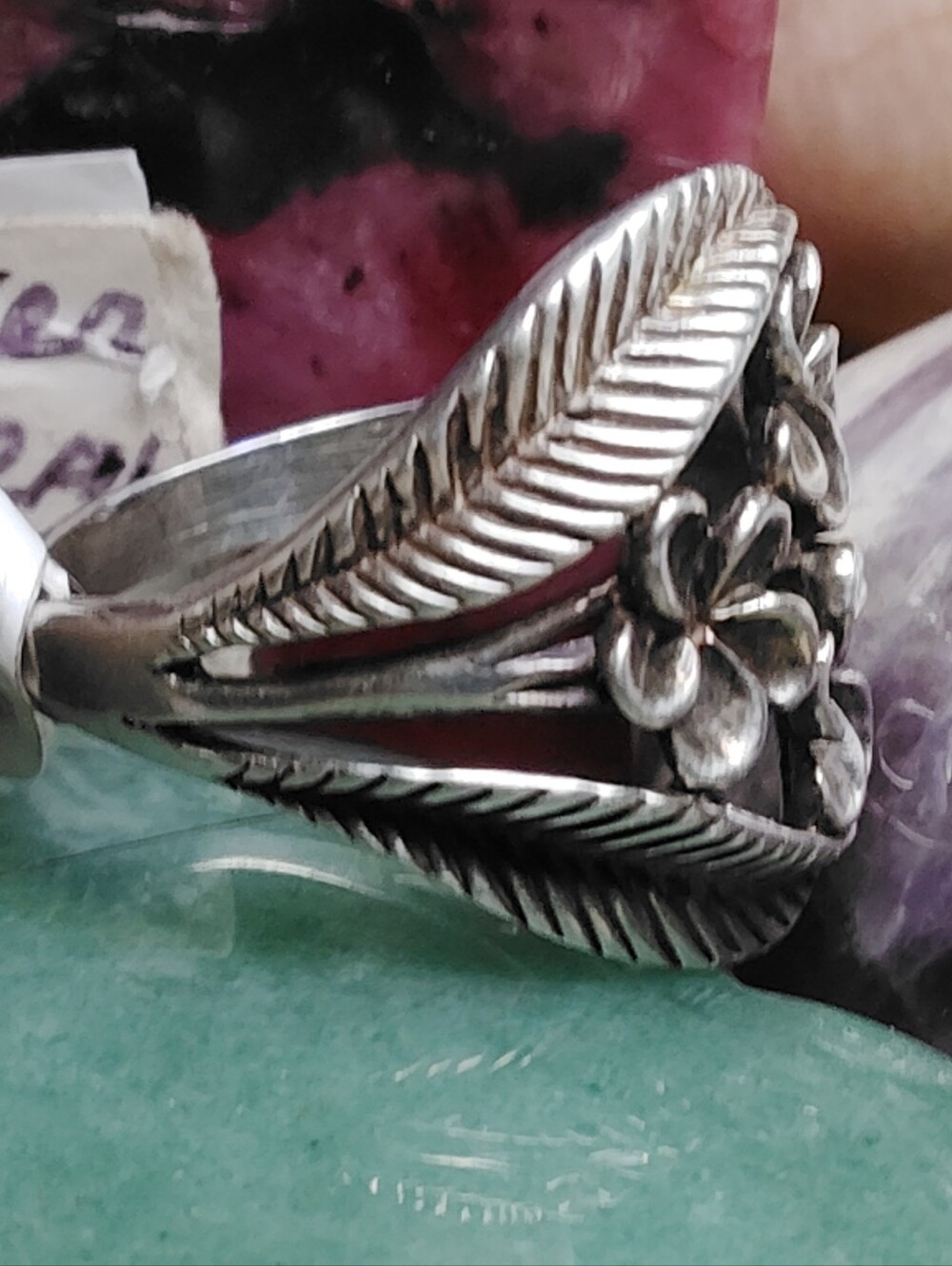 SWEET, & ORNATE, SOLID STERLING SILVER, FLORAL &  LEAF MOTIF,  RING. SIZE 6